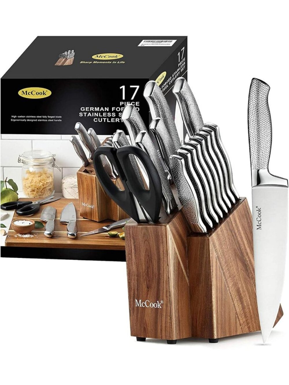 Sharp Kitchen Knife Block Set with Built-in Sharpener - 15-Piece Cutlery Set